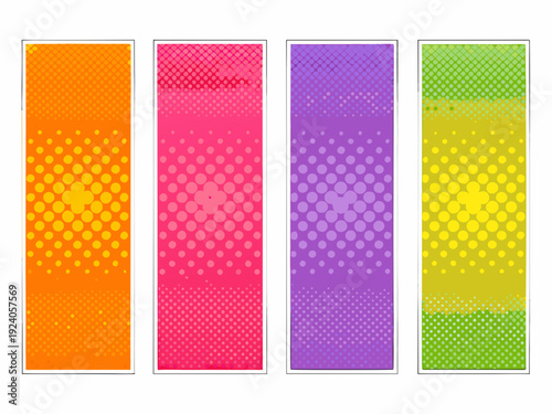 Four vertically oriented rectangles with halftone dot patterns and gradients