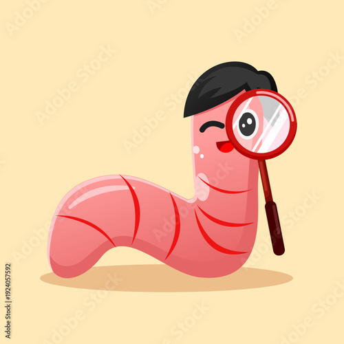 Cute Worm Detective Character Holding Magnifying Glass