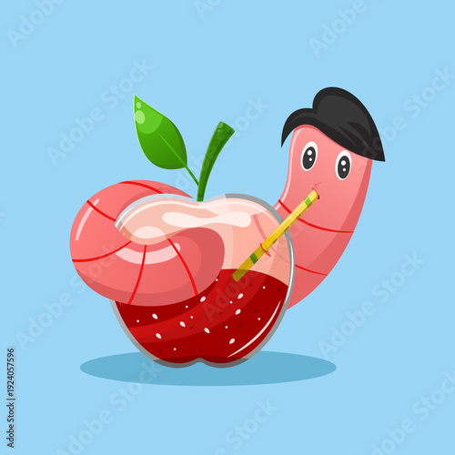 Cute Worm Character Wearing Hat Drinking Fresh Red Apple Juice