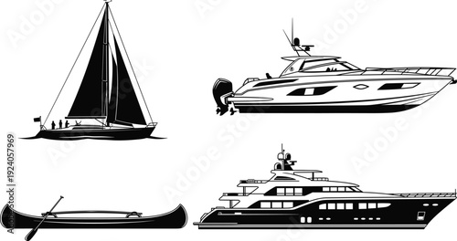 Black silhouette vector illustrations of sailboat, speedboat, canoe, and luxury yacht, showcasing diverse watercraft designs for nautical branding, travel, and recreational projects.