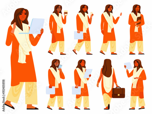 Illustrations of a woman in traditional clothing in various poses