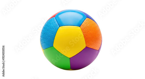 Vibrant Photo-realistic Multi-Colored Toy Soccer Ball Isolated on transparent Background. Playful Design for Childhood Sports and Recreation.
