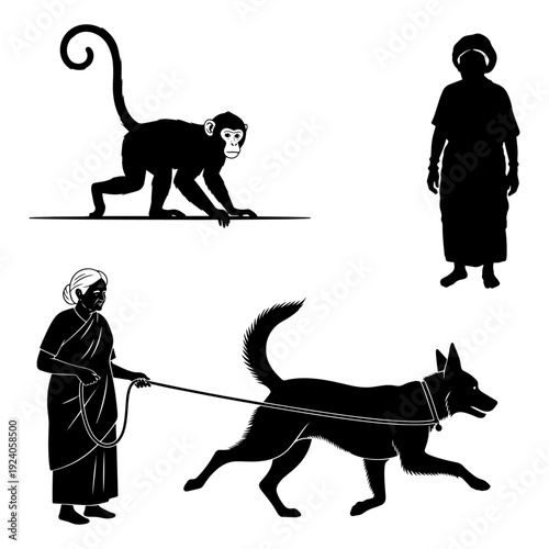Senior Woman with Pet Dog and Monkey Silhouette Pack - Elderly Lady and Animals Vector Illustration Set
