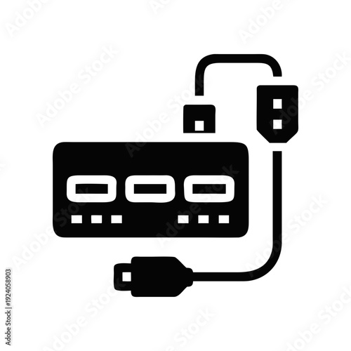 Black hub with cables and ports icon view on transparent background