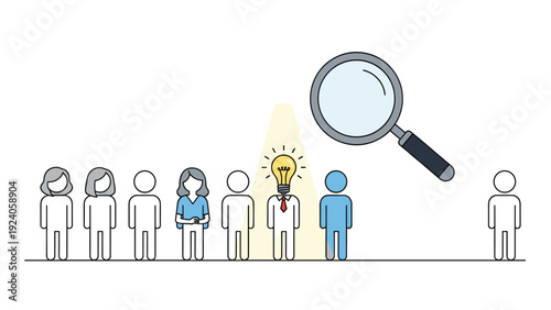 Large magnifying glass focuses on a unique person with a lightbulb head standing in a line of generic human figures.