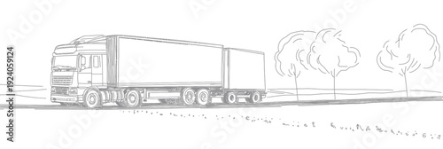 Minimalist continuous line drawing of a truck with cargo trailer driving on road with trees in background simple black and white vector sketch illustration