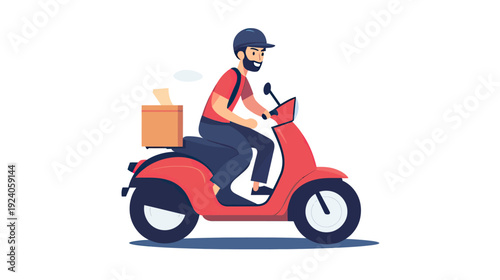 Male delivery rider with helmet riding red scooter carrying cardboard box parcel side view flat vector illustration
