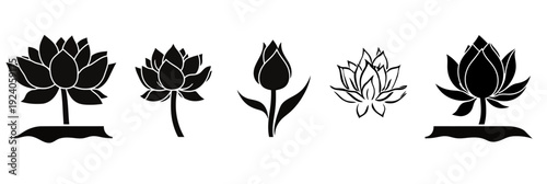 Set of five black simple lotus flower silhouette vector icons with various petal shapes and stem styles minimalist flat design elements for nature and wellness themes