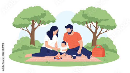 Young family with a baby enjoys a peaceful picnic on a blanket in a green park under the shade of two large trees.