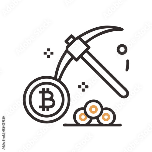 Bitcoin mining with pickaxe and gold coins on transparent background