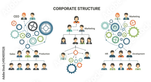 Colorful infographic illustrating teamwork Diverse business people are connected to a central gear representing an interconnected organizational network.