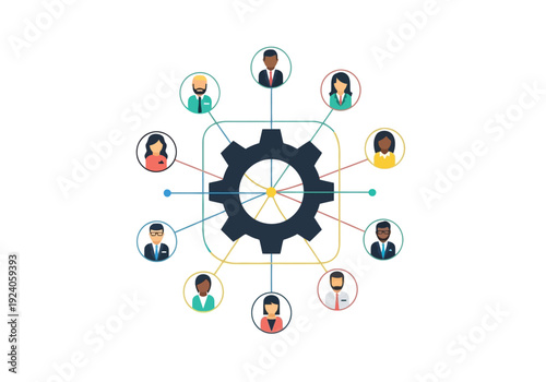 Colorful infographic illustrating teamwork Diverse team members are connected in a starburst pattern to a central dark gear, symbolizing integrated project management and collaboration.
