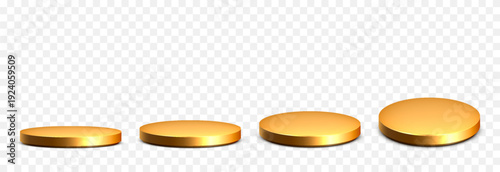 Set of golden round podiums PNG. Golden podium or pedestal from different angles. Podium for product or goods advertising.
