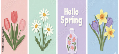Spring set of the cutest cards, posters for the spring holiday with wildflowers, Narcissus flower, tulips, daisies. Hand drawn Floral art templates for Women Day, birthday, Mothers Day, Easter decor 