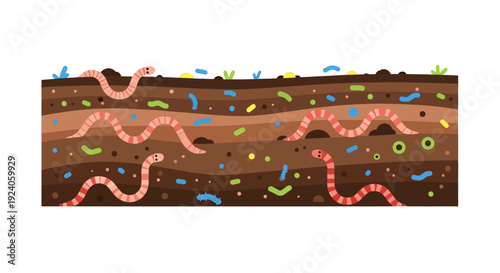 Cartoon Earthworms & Microorganisms in Layered Soil: Healthy Garden Ecosystem & Composting Illustration for Biology & Environmental Education