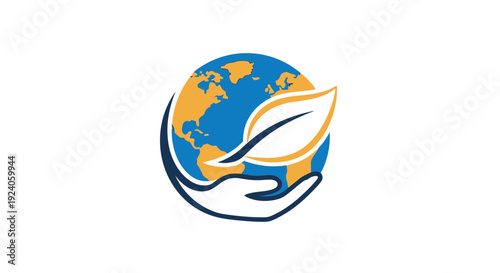 Global Environmental Protection Logo: Hand Holding Earth with Leaf - Sustainable Planet Care Icon