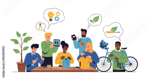 Diverse Group Collaborating to Repair Items: Electronics, Clothes, Bicycle for Sustainable Living and Skill Sharing