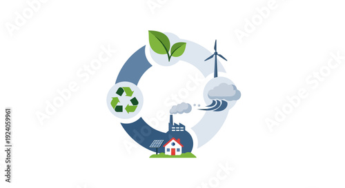 Circular Economy and Sustainable Development Diagram with Eco-Friendly Icons: Renewable Energy, Recycling, Green Industry & Living