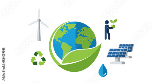 Global Sustainability & Eco-Friendly Concept: Renewable Energy, Recycling, Conservation Icons for a Greener Earth