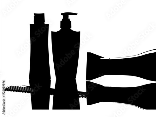 Grooming silhouettes of comb, bottles, and hairdryer with reflective surface, bold minimal design.