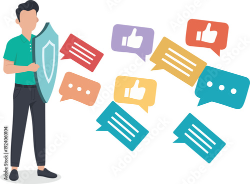 Businessman with Shield Protecting Brand Reputation from Social Media Comments and Feedback