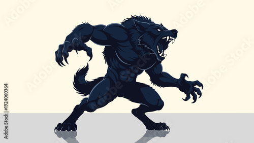 Ferocious werewolf illustration depicts a muscular monster with sharp claws and teeth in a powerful and aggressive pose.