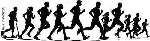 Black silhouette vector of people running and riding a kick scooter, symbolizing fitness, exercise, competition, and active lifestyle themes for design and creative projects.