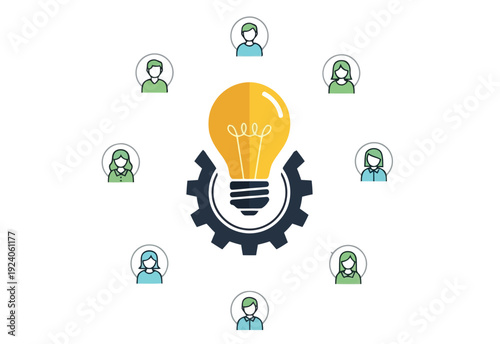Colorful infographic illustrating teamwork Diverse individuals form a collaborative network around a central lightbulb and dark gear, signifying collective innovation and strategic execution.