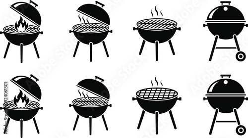 Barbecue grill silhouettes set isolated on white background, charcoal kettle BBQ cooker icons with lid open, smoke, fire and outdoor cooking equipment collection