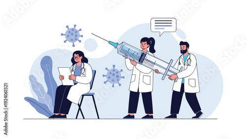 Medical team of professional doctors working together to hold a giant syringe for virus vaccination protection.