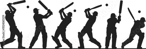 Cricket player batting silhouette set, batsman hitting ball action sequence black vector illustration isolated on white background for sports design