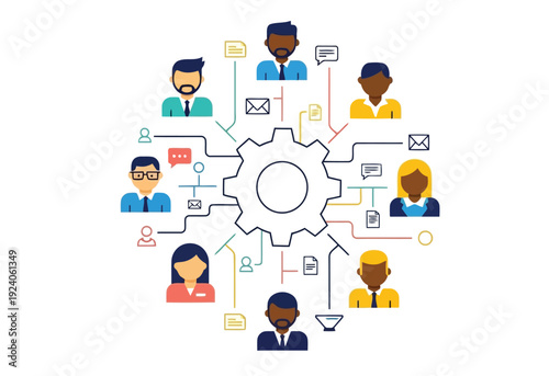 Colorful infographic illustrating teamwork A diverse group of people icons connected to a central gear, representing network, communication, and team structure.