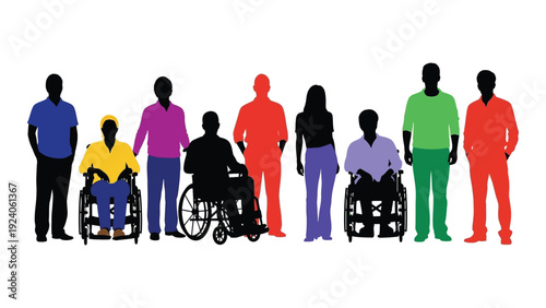 A group of people with and without disabilities standing together isolated on white background, Vector