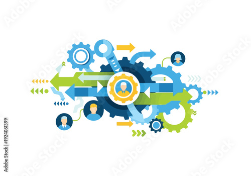 Colorful infographic illustrating teamwork An intricate network of gears, arrows, and human icons demonstrates complex integrated processes and teamwork.