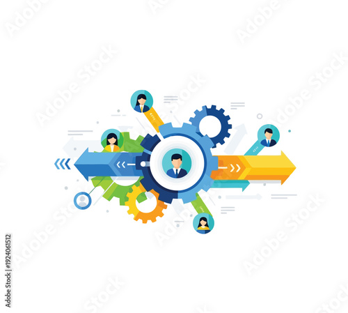 Photos Colorful infographic illustrating teamwork People icons integrated into an efficient linear workflow with gears and arrows symbolizing streamlined processes