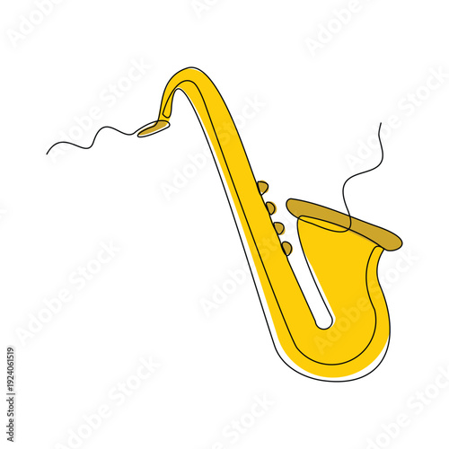 Continuous line sketch drawing of trumpet saxophone music instrument. Classic royal jazz orchestra single one line editable stroke vector illustration