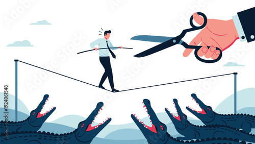 High risk business concept showing an executive walking a tightrope over crocodiles while giant scissors cut it.