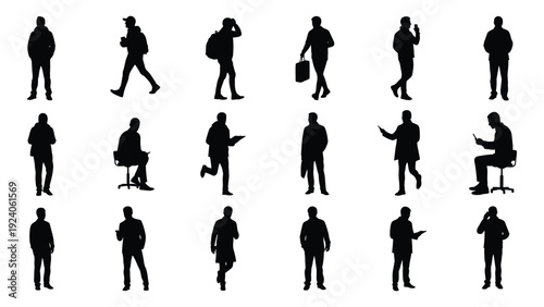 A collection of black silhouette icons depicting people in various poses and actions isolated on white background, Vector