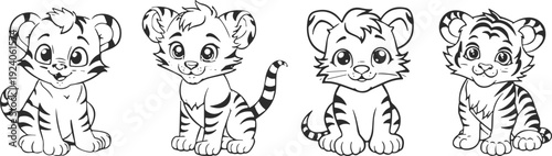Cute baby tiger cub cartoon set, adorable wild animal outline characters for coloring book vector illustration isolated on white background