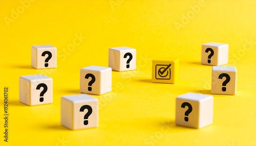 Yellow cube with checkmark among question cubes.