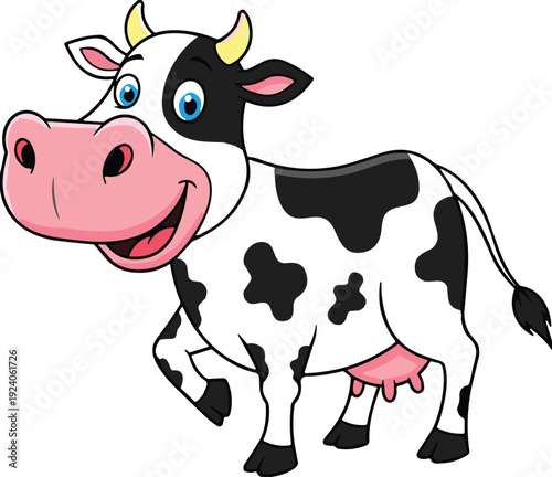 Cute cartoon cow character, funny farm animal with big eyes smiling dairy cattle vector illustration isolated on white background