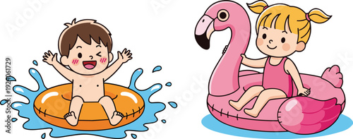 Cute kids swimming with inflatable pool float, happy children summer water activity cartoon vector illustration isolated on white background