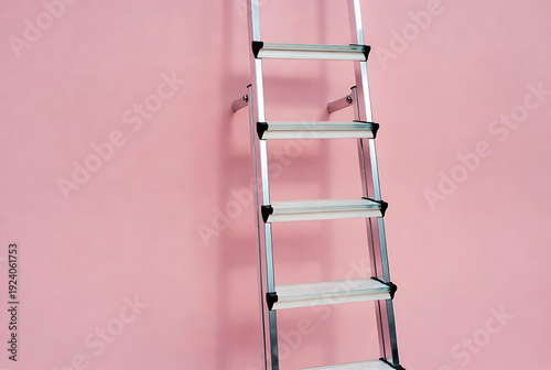 Wallpaper Mural Ladder metal step with silver rungs and black accents against pink wall background featuring stairs, staircase, steps with equipment and tool elements for industry, maintenance projects, clean Torontodigital.ca