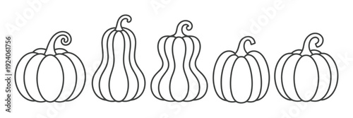 A Line of Five Stylized Pumpkins in Outline