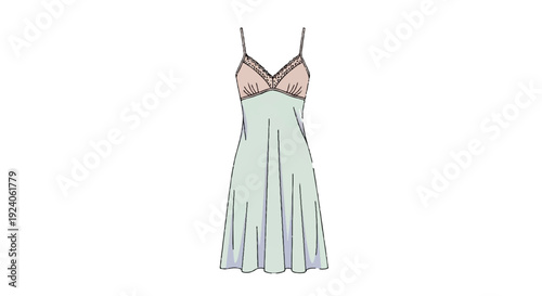 Mint Green Slip Dress Lingerie Illustration with Pink Lace Detail isolated PNG with Transparent Background