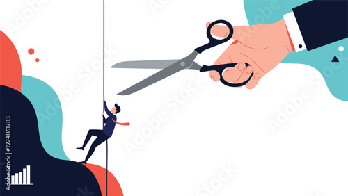 Dangerous business concept of a man climbing a rope towards a goal while giant scissors are about to cut it.