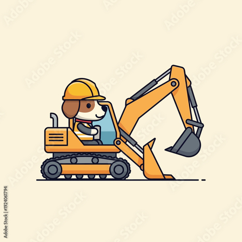 Cute Cartoon Dog Operating Excavator Machine Illustration - Puppy Construction Worker in Hard Hat