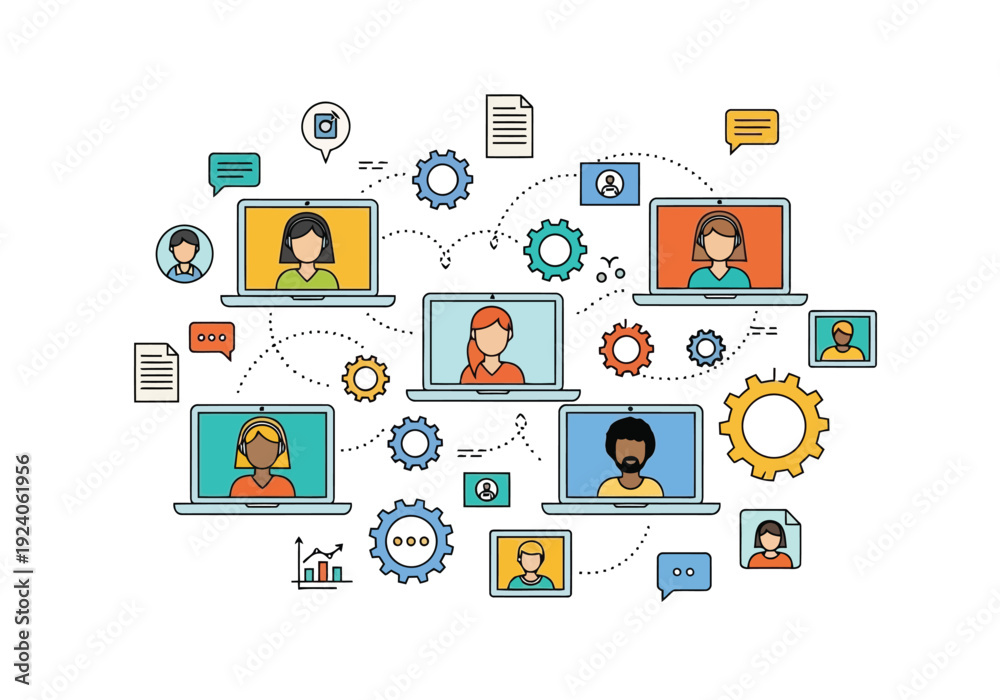 custom made wallpaper toronto digitalColorful infographic illustrating teamwork An illustration of virtual collaboration and remote work with diverse teams connected through laptops and a network.