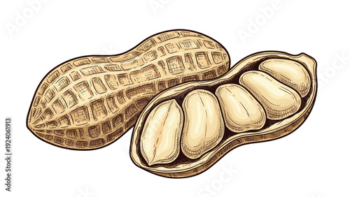Detailed sketch of two peanuts with one shell open to reveal the nutritious seeds inside on white background.