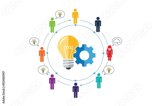 Colorful infographic illustrating teamwork A circular array of diverse people icons around a central lightbulb and gear, representing global innovation and teamwork.